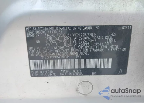 2011 Toyota Rav4 z USA, uszkodzony, nr VIN 2T3ZF4DVXBW080084